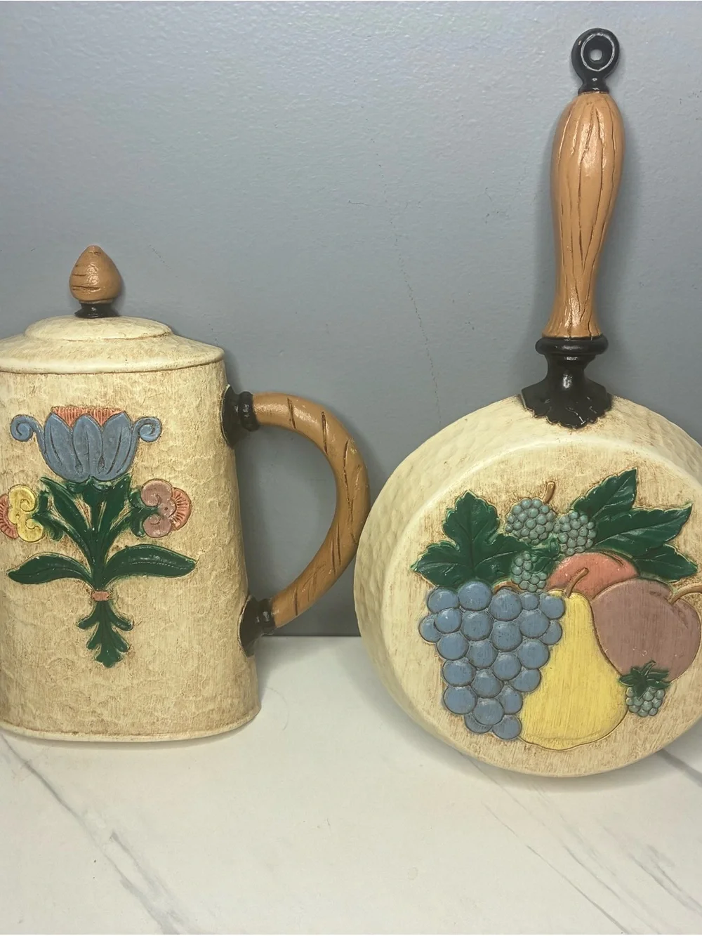 Home Interiors Faux Carved Kitchen Wall Plaques Coffee Pot & Fruit Pan Set